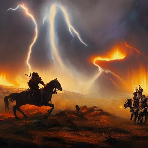 Image similar to the battle of the little bighorn terminator judgement day. trending on artstation, 4 k, oil on canvas, artstation, dramatic warm color, dramatic lighting, fantasy, epic, ultra detailed.
