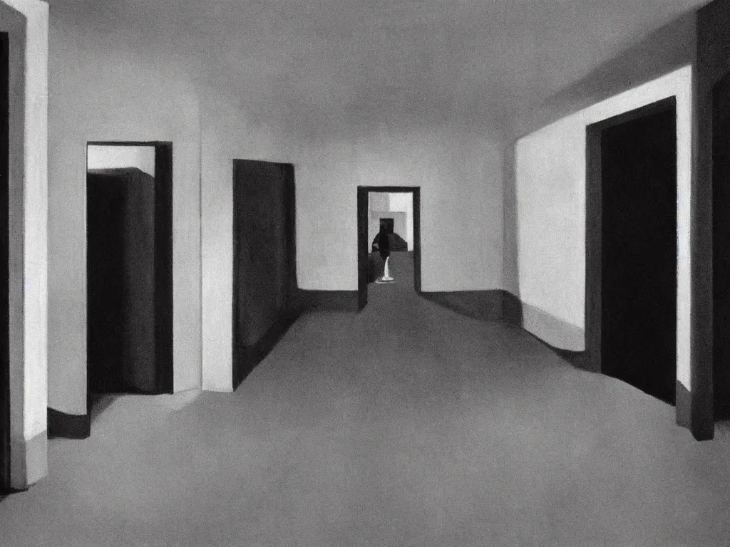 Prompt: the shinning hotel hallway, 70s, americana, dim, dark, lone scary silhouette in the distance, ultra view angle view, realistic detailed painting by edward hopper