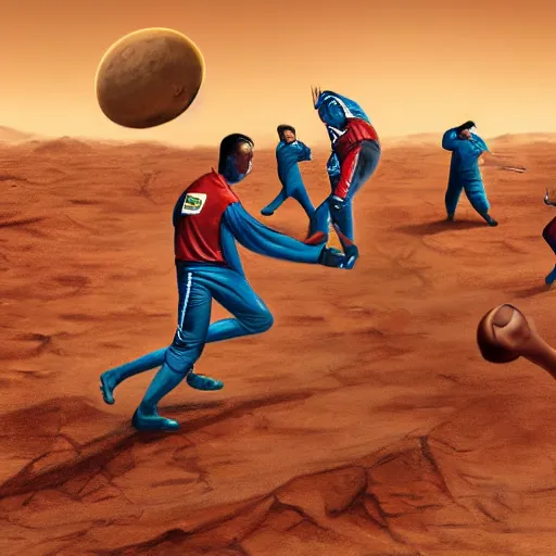 Prompt: astronauts playing kabadi on mars. highly detailed photorealistic trending on art station.