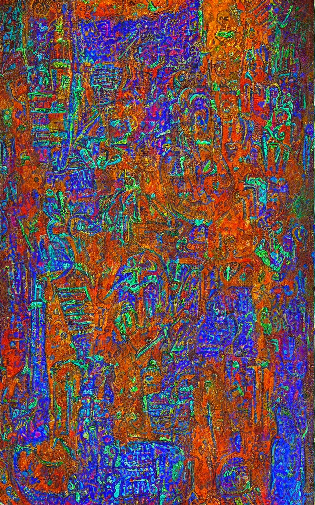 Prompt: ancient sarcophagus made of iridescent metal strange glyphs, award winning oil painting, midnight color palette