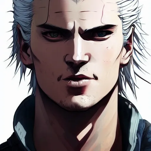 Image similar to well drawn animation portrait Anime geralt of rivia Sharp fine full body portrait , realistic shaded Perfect face, fine details. Anime. cyberpunk realistic shaded lighting by katsuhiro otomo ghost-in-the-shell, magali villeneuve, artgerm, rutkowski Jeremy Lipkin and Giuseppe Dangelico Pino and Michael Garmash and Rob Rey