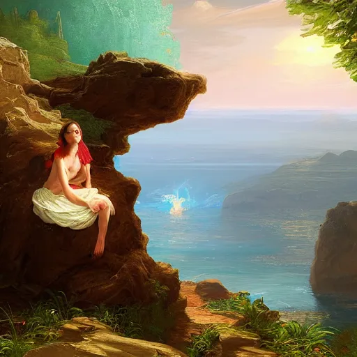 Prompt: a painting of a woman sitting on a rock overlooking a burning house on an island, a digital painting by thomas cole, cgsociety, metaphysical painting, 2 d game art, storybook illustration, detailed painting