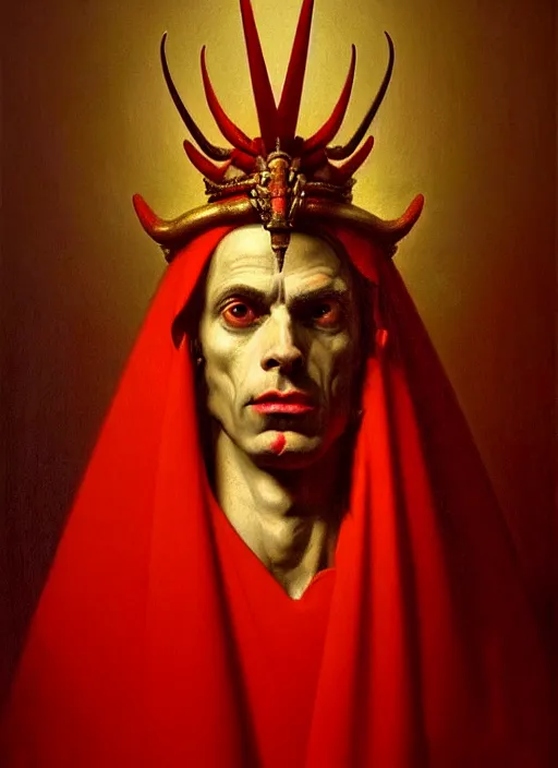 Prompt: neoclassical portrait of a satan wearing red crown in his temple, by jacques - louis david, by greg rutkowski, by zdzisław beksinski, trending on artstation, featured on pixiv, masterpiece, oil on canvas, cinematic composition, beautiful lighting,