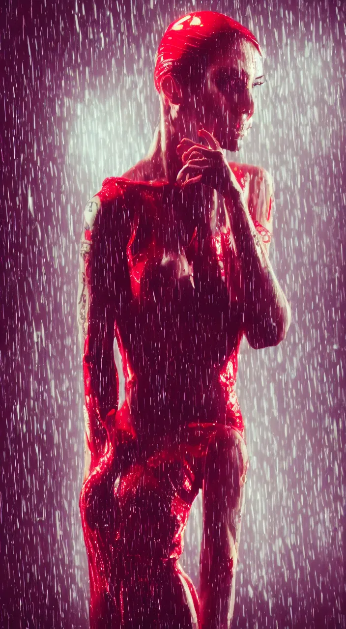 Image similar to woman, android, cyberpunk, artificial limbs, tattoos, neon light, hard light, glamour, vogue photoshoot, fashion, long dress, red dress, raindrops, rain, wet, make - up, leaky make - up, red lipstick