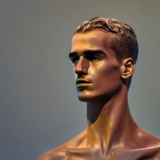 Image similar to “ a realistic detailed photo of a guy who is an attractive humanoid who is half robot and half humanoid, who is a male android, soccer player antoine griezmann, shiny skin, posing like a statue, blank stare, at the museum, on display ”