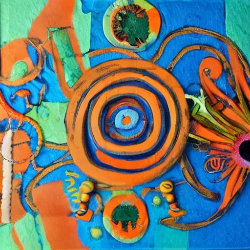 Image similar to cringe personified, whimsical weird style, midjourney, blue, orange