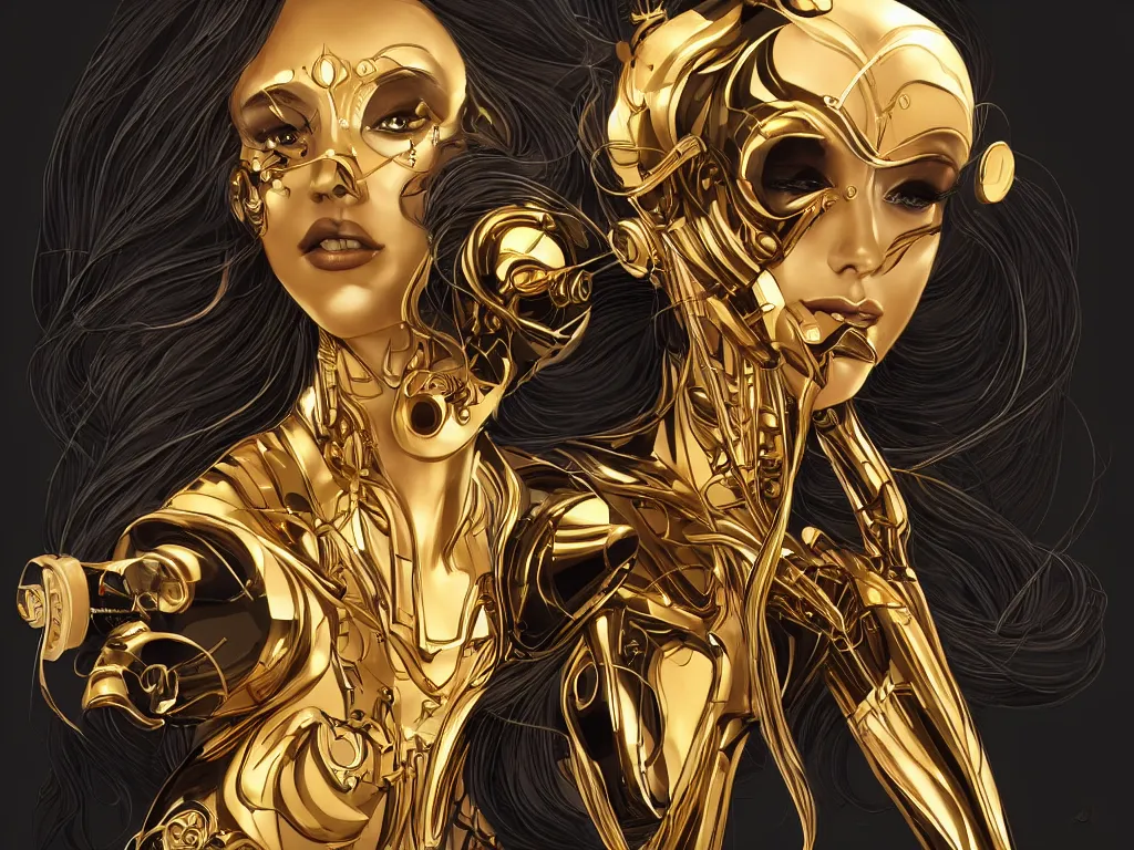 Image similar to beauty art nouveau woman, black and gold robotic, trending on artstation, by Artgerm