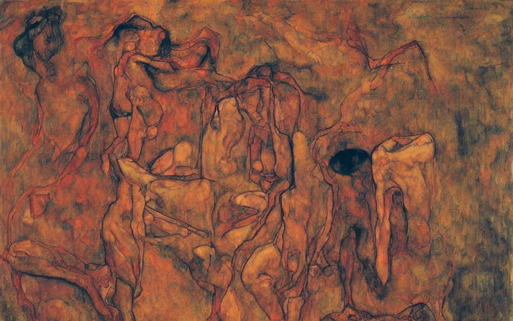 Image similar to a painting by egon schiele with influence of zdzisław beksinski