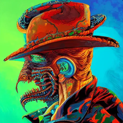 Prompt: digital portrait painting of a corrupted eldritch cowboy, hyperdetailed, vibrant colors, comic book style, Dan Mumford, trending on Artstation