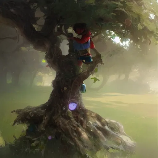 Image similar to close up of child's hand attaching a circle - shaped sticker to a tree, digital art by ruan jia and mandy jurgens and artgerm, highly detailed, trending on artstation, award winning