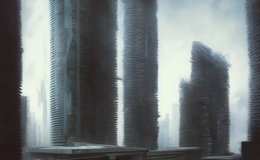 Prompt: An Exterior wide angle shot of a cyberpunk futuristic modern architecture skyscraper by Peter zumthor, Zaha Hadid and James Turrell, Craig Mullins, Edward Hopper and James Gilleard, Zdzislaw Beksinski, Mark Ryden, Wolfgang Lettl highly detailed, hints of Yayoi Kasuma , Dark atmospheric sad and cinematic lighting, Trending on artstation, Archviz, Archdaily, Deezen, Design milk, Architectural visualisation