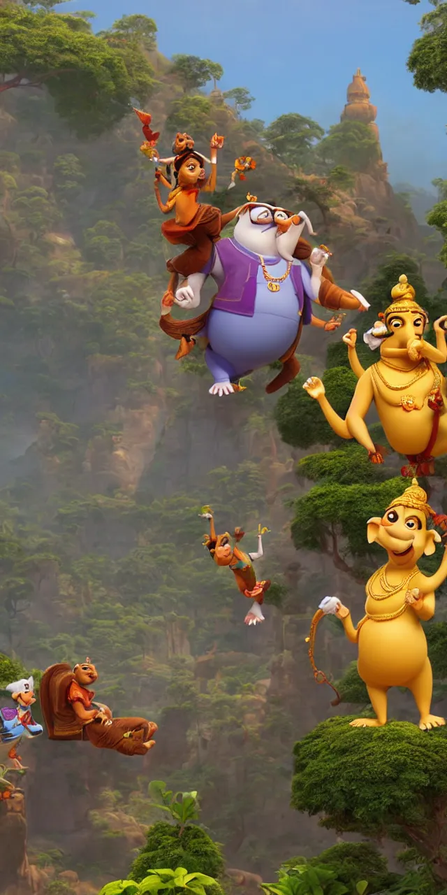 Prompt: ganesh and siddhartha as a pixar disney characters from up 2 0 0 9 unreal engine octane render 3 d render photorealistic