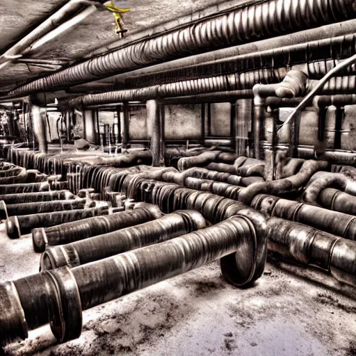Image similar to an empty room with pipes and machinery, detailed color photograph, high quality