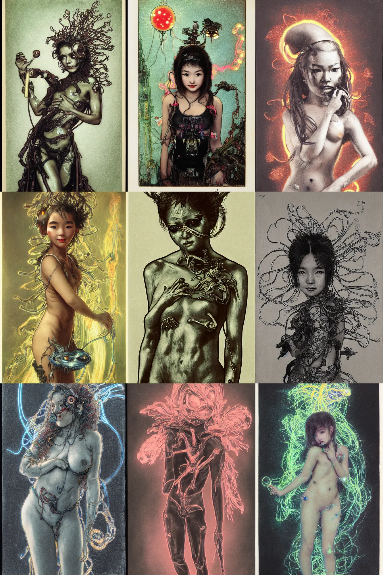 Prompt: gum bichromate print of awe-inspiring award-winning concept art full body face portrait painting of short stature, lithe, petite, innocent, cute, attractive anglerfish cyberpunk 18 year old Ashley Liao in neon shrouds as the goddess of lasers, sparks, by Julie Bell, Jean Delville, Virgil Finlay, Alphonse Mucha, Ayami Kojima, Amano, Charlie Bowater, Karol Bak, Greg Hildebrandt, Jean Delville, Frank Frazetta, Peter Kemp, and Pierre Puvis de Chavannesa, extremely moody lighting, glowing light and shadow, atmospheric, shadowy, cinematic, 8K,