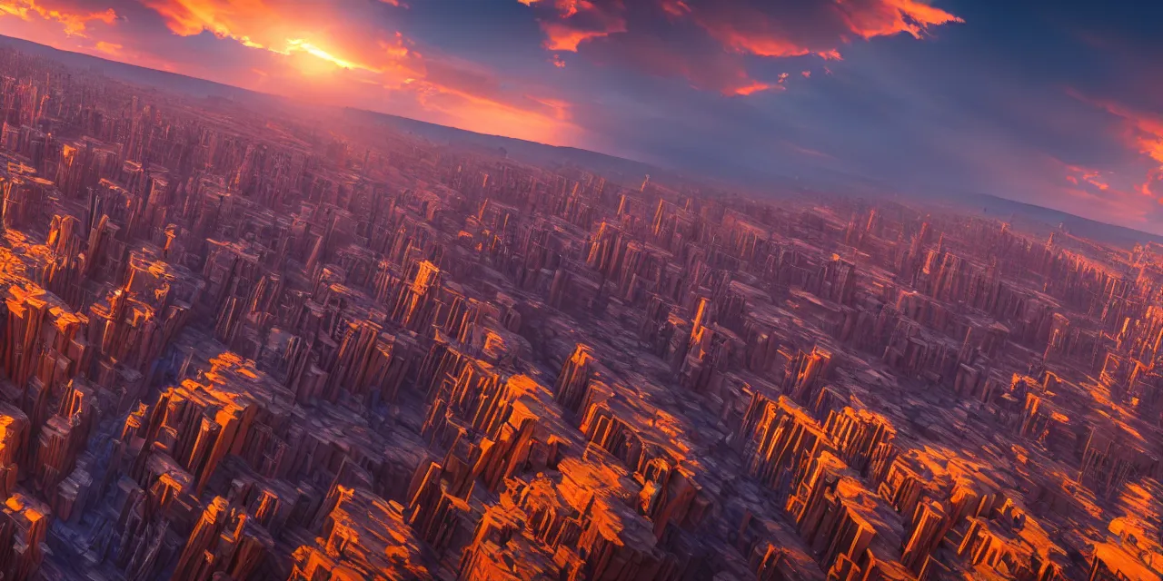 Prompt: A Gigantic cityscape carved into a canyon futurist cityscape as far as the eye can see, at sunset, 4K PhotoRender RealityEngine