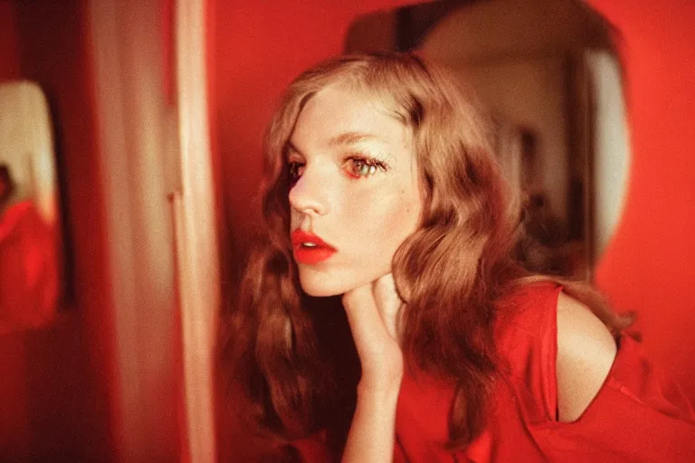 Image similar to film photography from 7 0 s, close - up portrait of fashion model in red room, soft light, golden hour, in style of joel meyerowitz