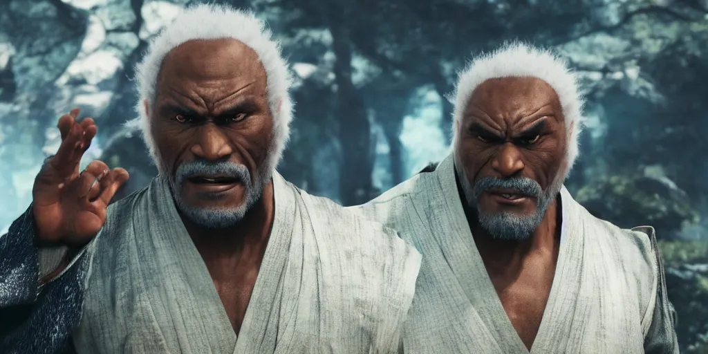 Image similar to a film still of a black man starring in a japanese blockbuster film as heihachi from tekken 7, shallow depth of field, cinematic, award winning cgi, vfx, film still