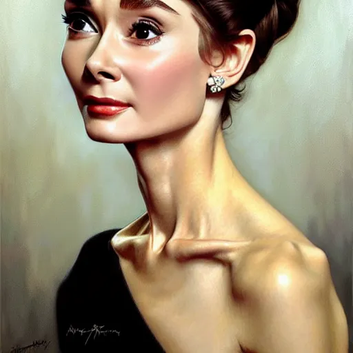 Prompt: audrey hepburn portrait, full of grace, very detailed and realistic oil painting, by artgerm and greg rutkowski and alphonse mucha