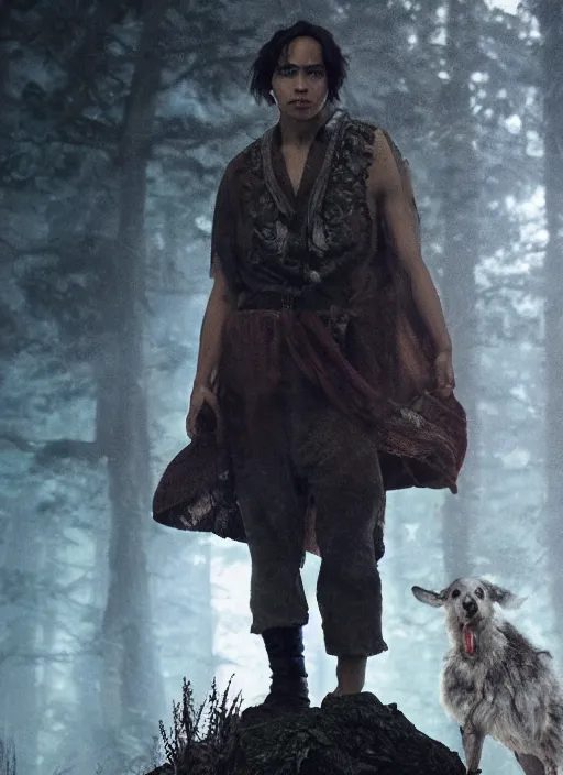 Prompt: frank dillane plays ashitaka in the live action adaptation of princess mononoke, film still, full body portrait, 3 5 mm, highly detailed, dynamic lighting, intricate, digital painting, liam wong