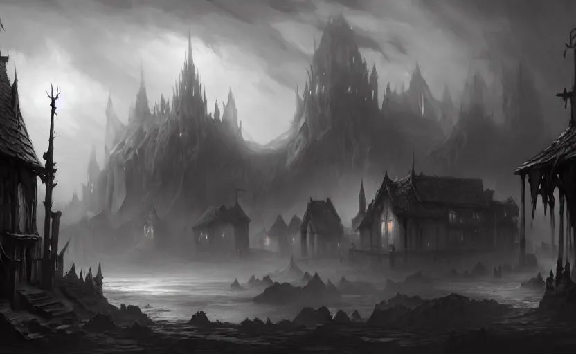 Prompt: extreme long shot concept art depicted an old english mystic town, dramatic mood, overcast mood, dark fantasy environment, art by legends of runeterra and league of legends and arcane, art by tony sart, art by thornton oakley, art by darek zabrocki, trending on artstation, unreal engine