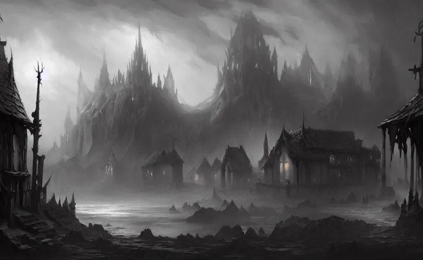 Image similar to extreme long shot concept art depicted an old english mystic town, dramatic mood, overcast mood, dark fantasy environment, art by legends of runeterra and league of legends and arcane, art by tony sart, art by thornton oakley, art by darek zabrocki, trending on artstation, unreal engine