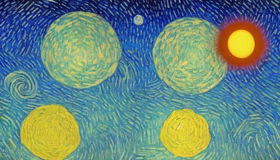 Image similar to the sun being blocked by a hexagon in space, planet earth in the foreground, painted by van gogh