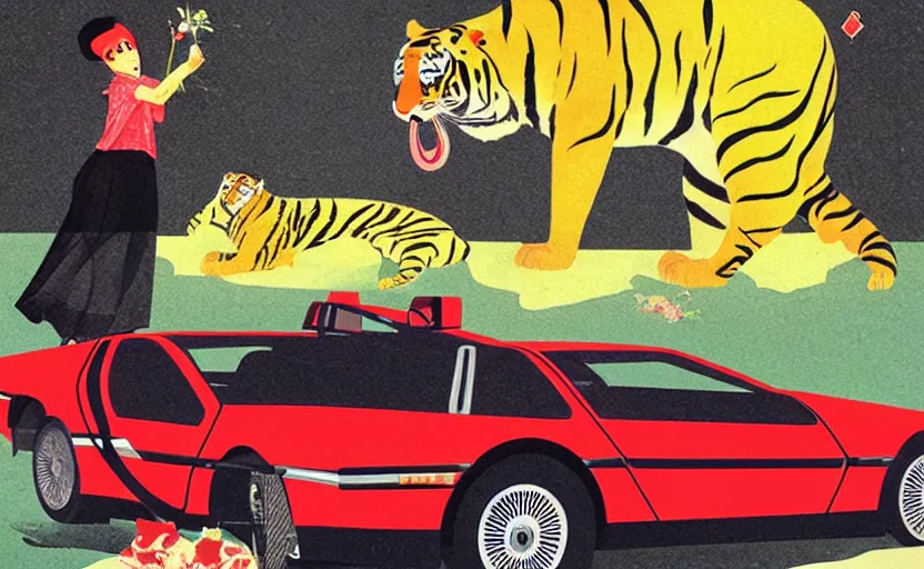 Image similar to a red delorean and a yellow tiger, painting by hsiao - ron cheng & utagawa kunisada, magazine collage style,