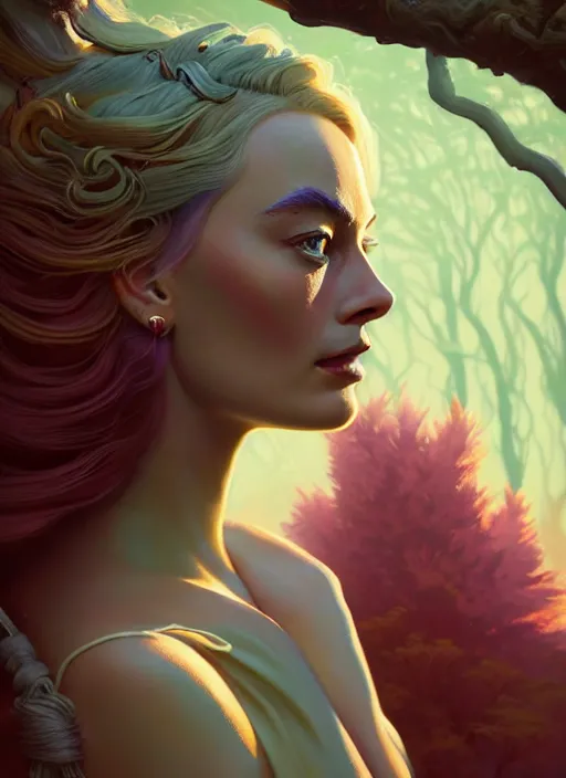 Prompt: side profile centered painted portrait, margot robbie as female tea ore forest druid, d & d, gloomhaven, matte painting concept art, art nouveau, beautifully backlit, swirly vibrant color lines, fantastically gaudy, aesthetic octane render, 8 k hd resolution, by ilya kuvshinov and cushart krentz and gilleard james