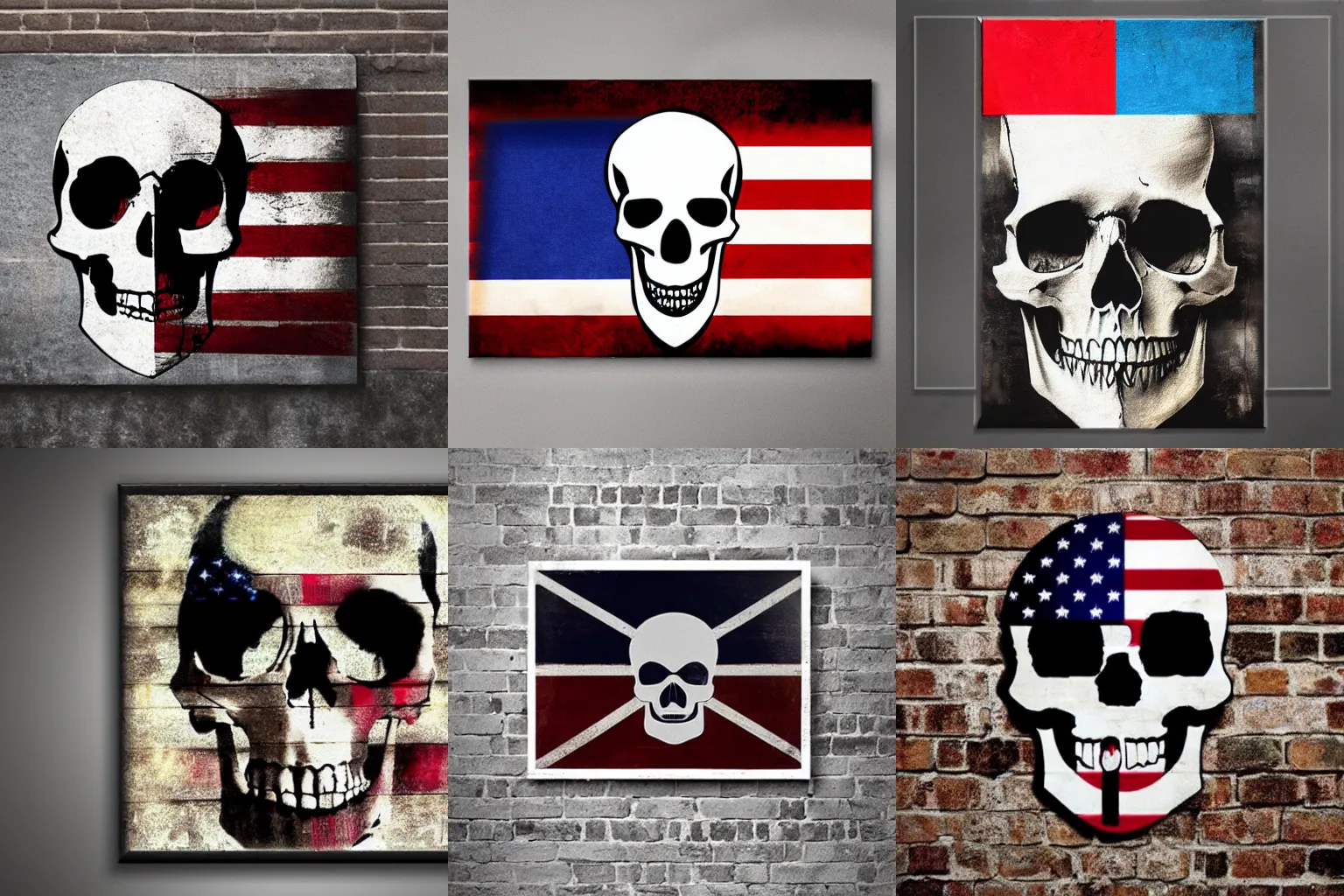 Prompt: skull with a flag sticking through it banksy style wall art