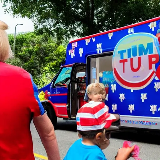 Image similar to donald trump in an ice cream truck giving ice cream to children