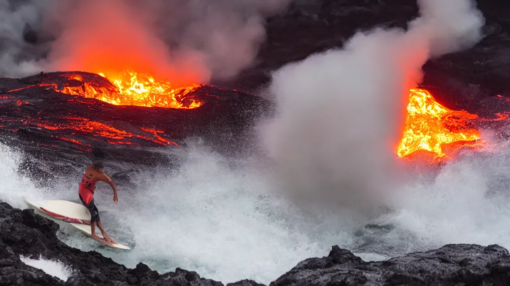 Image similar to medium shot of a person wearing a sponsored team jersey surfing down a river of lava on the side of a volcano on surfboard, action shot, dystopian, thick black smoke and fire, sharp focus, medium shot