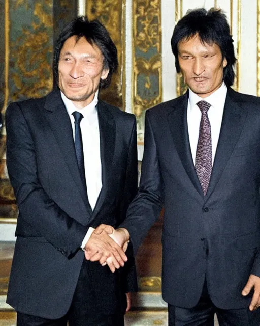 Image similar to sixty years old viktor tsoi with joyful look in a business suit shaking hands with vladimir putin, in kremlin, color photo, mid shot photo, digital photo, high resolution