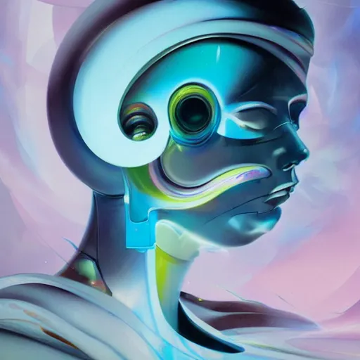 Image similar to scifi futurism automaton minimalism chrome by peter mohrbacher art Hajime Sorayama airbrush hyperrealism model abstract shatter fragments cubism futurism pastel blue soft flat minimal minimalism portrait face jackson pollock ukiyo-e lithograph mark ruthko swirl escape noise shimmer glow paint
