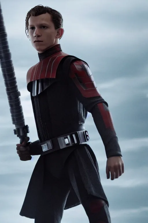 Prompt: tom holland as a sith in a new star wars film, 3 5 mm photography, highly detailed, cinematic lighting, standing pose, holding lightsaber 4 k