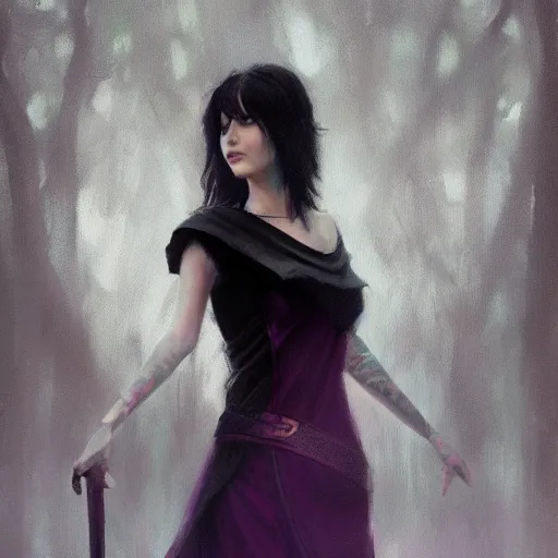 Image similar to portrait painting of female forest elf black hair, purple eyes, black dress, dramatic light, 8 k, by greg rutkowski