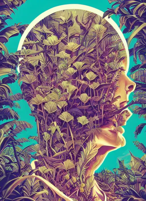 Image similar to gigantic robot head, a lot of exotic vegetation, trees, flowers by junji ito, tristan eaton, victo ngai, artgerm, rhads, ross draws, hyperrealism, intricate detailed