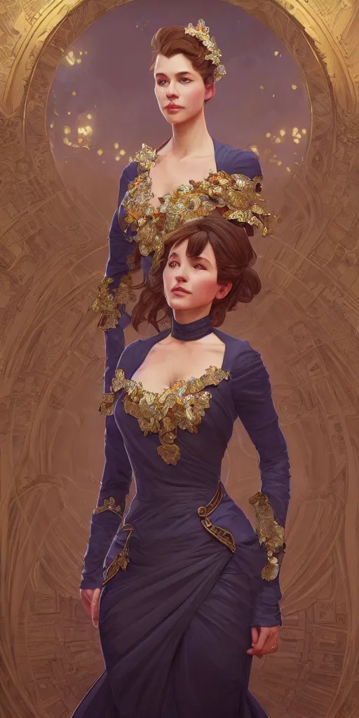 Image similar to mayors beautiful daughter, elegant dress, town hall, intricate, highly detailed, digital painting, artstation, concept art, smooth, sharp focus, illustration, Unreal Engine 5, 8K, art by artgerm and greg rutkowski and alphonse mucha, by Jesper Ejsing