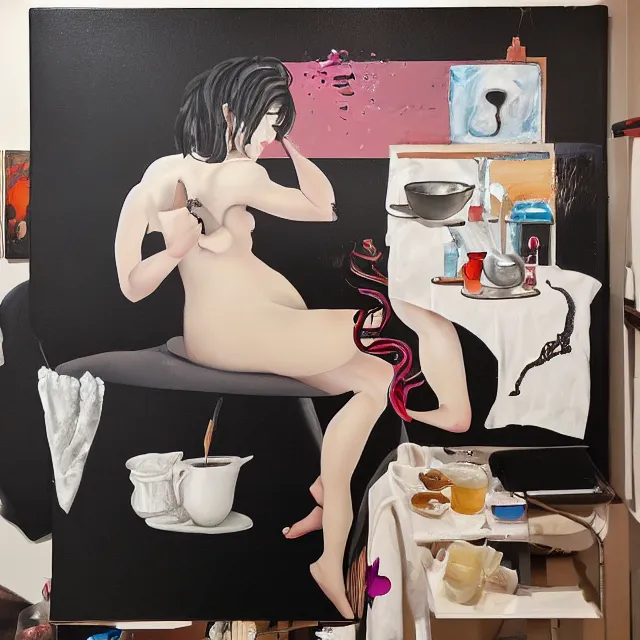 Image similar to sensual, a portrait in a female art student's bedroom, black walls, a woman drinking coffee, pancakes, maple syrup dripping, chocolate, surgical supplies, ikebana, octopus, neo - expressionism, surrealism, acrylic and spray paint and oilstick on canvas