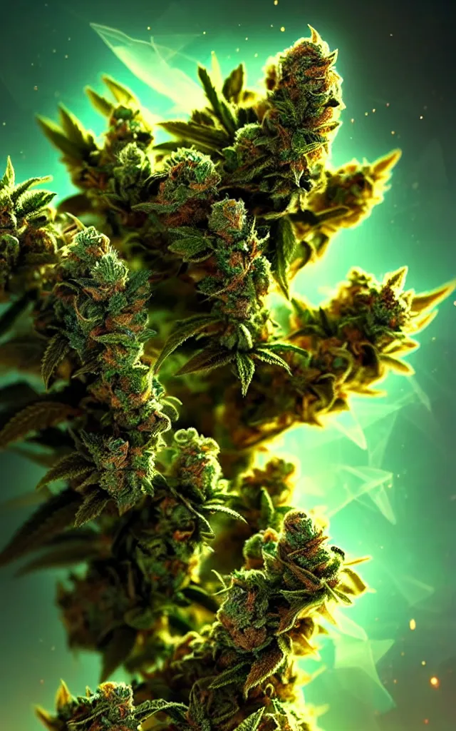 Image similar to epic scale cinematic marijuana goddess character concept perfect focus closeup macro photography of a beautiful marijuana bud crystals trichomes, densely packed buds of weed, sacred dmt weed superheroine visionary fantasy art by greg rutkowski android jones artgerm alphonse chroma rule of thirds golden ratio alien plants