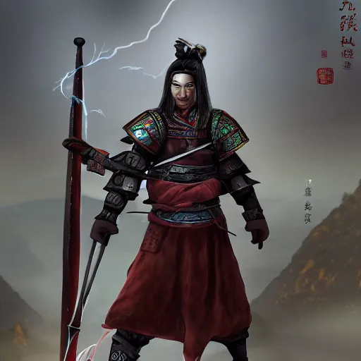 Prompt: ancient ntricate oil game character design of a chinese anicientwarrior in clothes with a broadsword, down hard, dark cloud and lightning on the grounddramatic lighting, cg, whole body, extremely detailed, 8 k, sophisticated