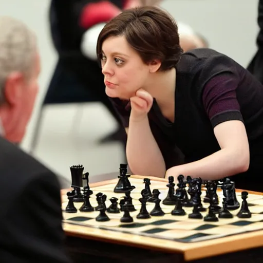 Image similar to actress rachel bloom playing chess against president george w. bush, 4 th game of world chess championship 2 0 1 4, digital photograph dslr