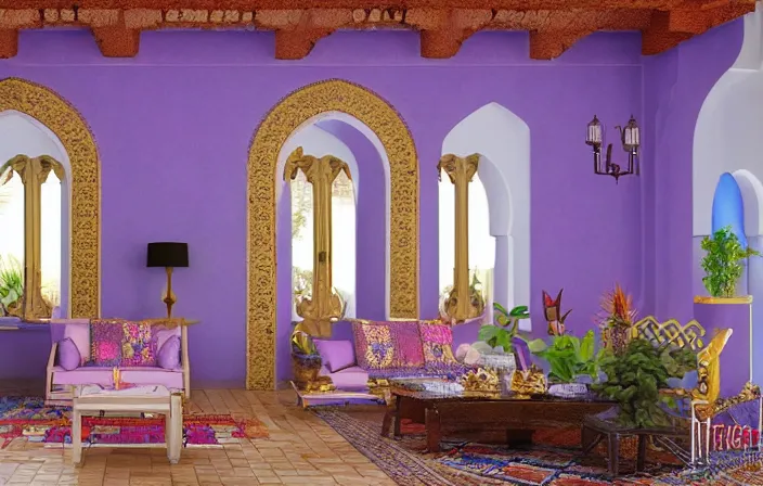 Prompt: Moroccan-style room with colorful tiles and heavy fabrics, stunning interior design, lavender colors, Rustic-interior-lighting, nice-view, stunning-design, quiet, style of Syrie Maugham, 4k, wide-perspective, grand-composition, concept-art, highly-detailed, sublime, dramatic, cinematic