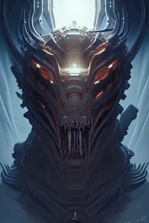 Image similar to professional concept art semi - symmetric portrait of a terrifying! mechanical predatory! fractal! species in a dark room by artgerm and greg rutkowski. an intricate, elegant, highly detailed digital painting, concept art, smooth, sharp focus, illustration, in the style of cam sykes.