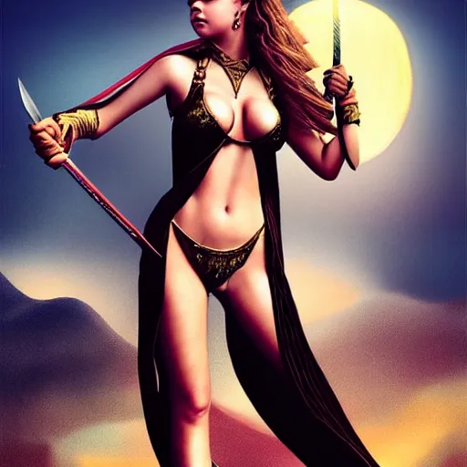 Prompt: barbara palvin posing as an amazon holding a sword, volcanic background, 1 9 8 0's art, retro art, airbrush style, intricate, elegant, sharp focus, illustration, highly detailed, concept art, matte, sharp focus, art by peter palombi