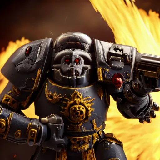 Image similar to chaos space marine shooting his bolter, ultra realistic, octane render