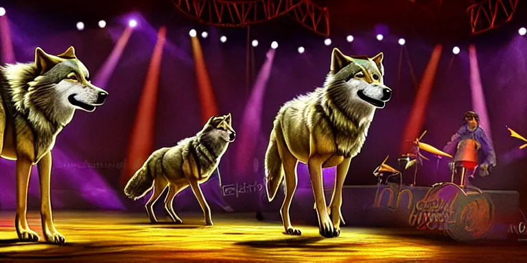 Prompt: wolves perfoming in the circus. long shot. extremely high detail. photorealistic