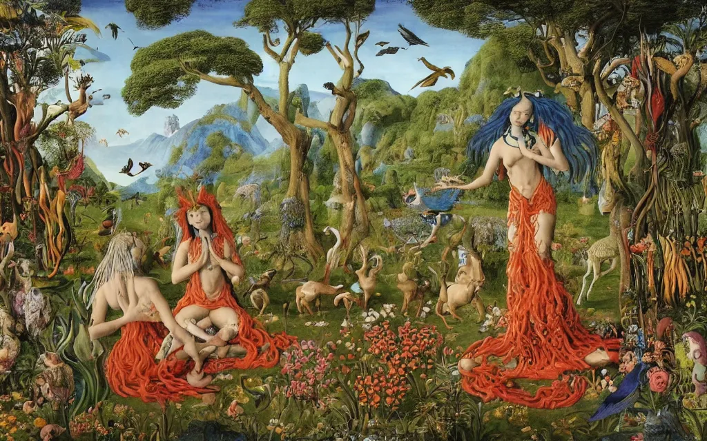 Image similar to a photograph of a meditating centaur shaman and a harpy mermaid feeding animals. surrounded by bulbous flowers, animals and a few trees. river delta with mountains and cliffs under a blue sky full of burning stars and birds. painted by jan van eyck, max ernst, ernst haeckel, ernst fuchs and artgerm. trending on artstation