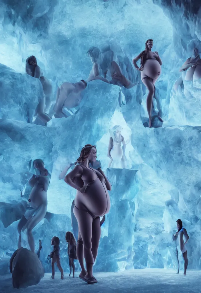 Image similar to epic leader pregnant woman talking to all her tribe with futuristic fluorescence, proud people looking at the pregnant woman, ice cave, facinating, fantasy digital art, octane render, beautiful composition, trending on artstation, coherent, masterpiece, photorealistic