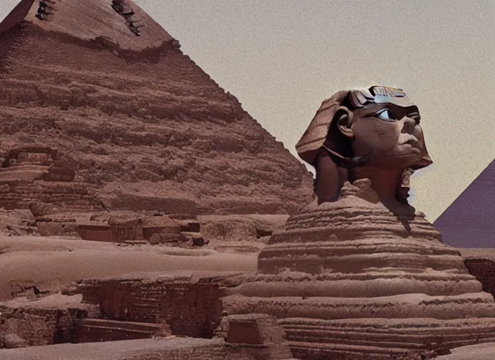 Image similar to high definition 3 d render of yoda's head on a sphinx body, egyptology, ancient aliens, grainy cinestill film landscape photo, blender, monument, 8 k