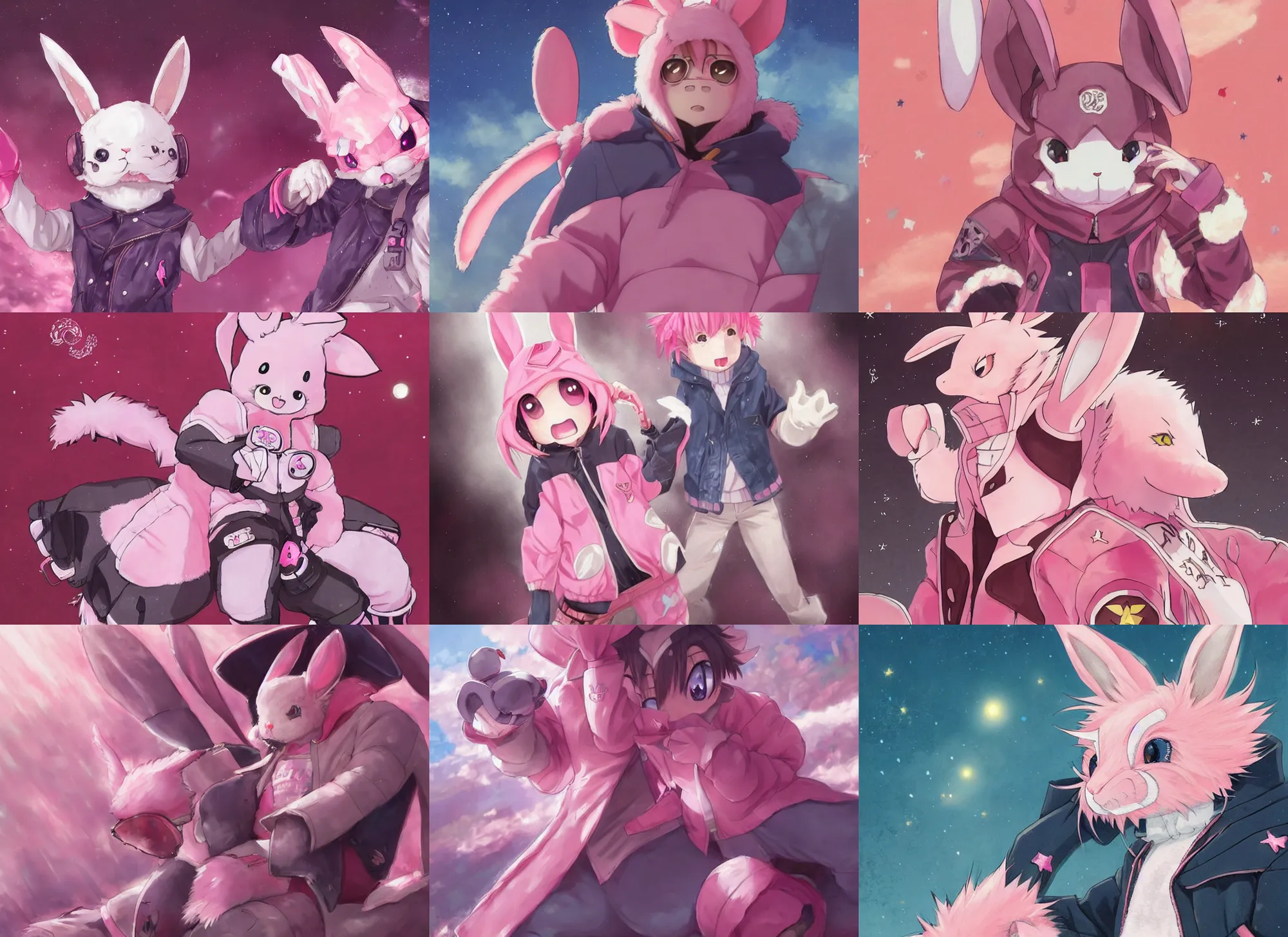 Prompt: official artwork of an anime pink rabbit wearing a letterman jacket, by Krenz Cushart, detailed art, many stars in the night sky, pink iconic character, 獣, yokai, wallpaper, bunny, large ears, beast, ghost, male character, aesthetic, helmet, motorbiker, rabbit, rabbit shaped helmet